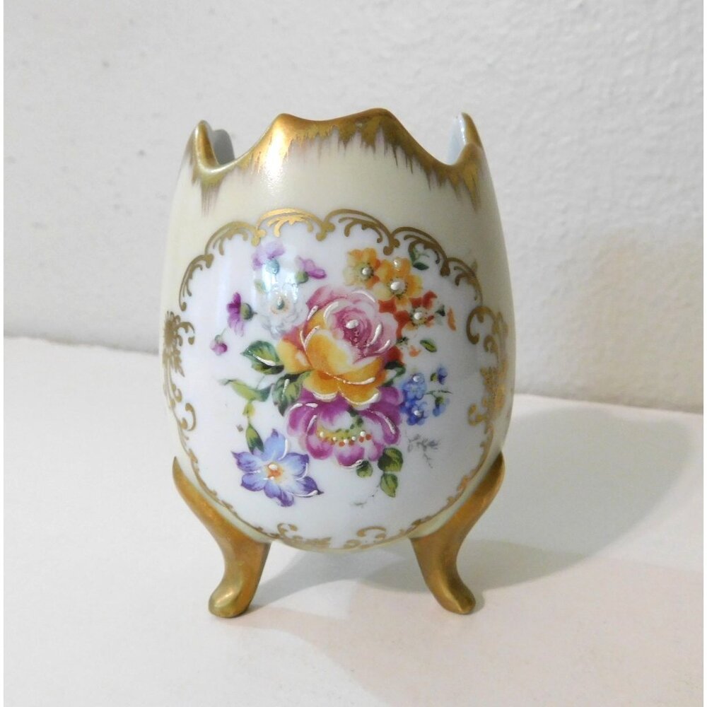 Vintage French Porcelain Footed Egg Vase Hand-Painted Gold Floral Detailing